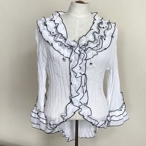 Jaipur White Ruffle Front Blouse with Black Edging